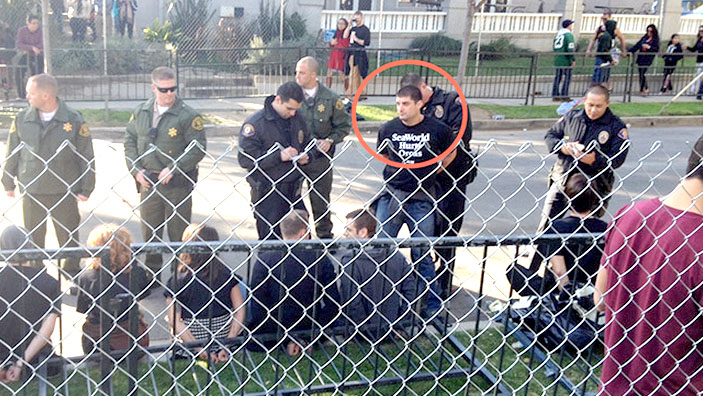 PETA says this photo of 2014 Rose Parade arrest shows Paul McComb of SeaWorld, who went by Thomas Jones. (Via Times of San Diego) 