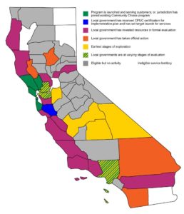Map of California showing stages of CCE progress in the state by county