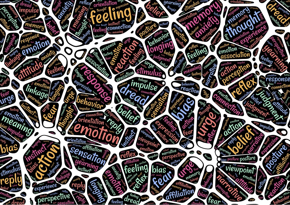 Graphic illustration resembling neural network filled with cognition related words